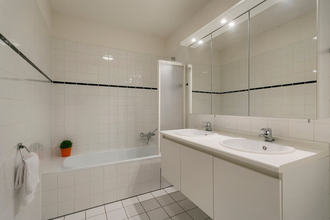 double basin in bathroom with shower and bathtub plus bi-weekly cleaning