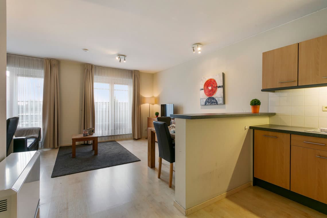 living room and fully equipped kitchen in serviced apartment