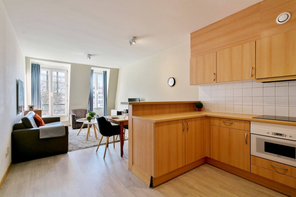 fully equipped kitchen and living space in louise brussels apartment