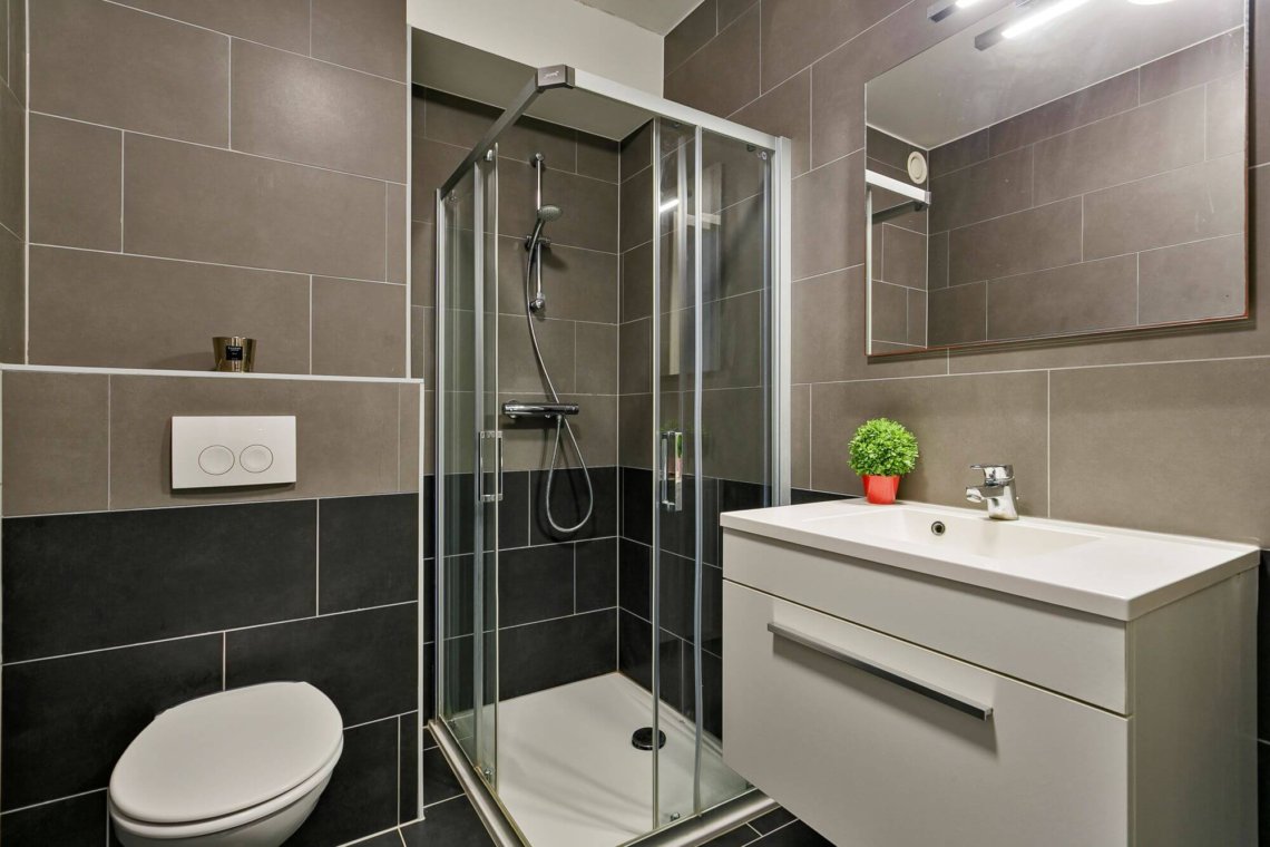 bathroom with shower in serviced one bedroom apartment in west Brussels